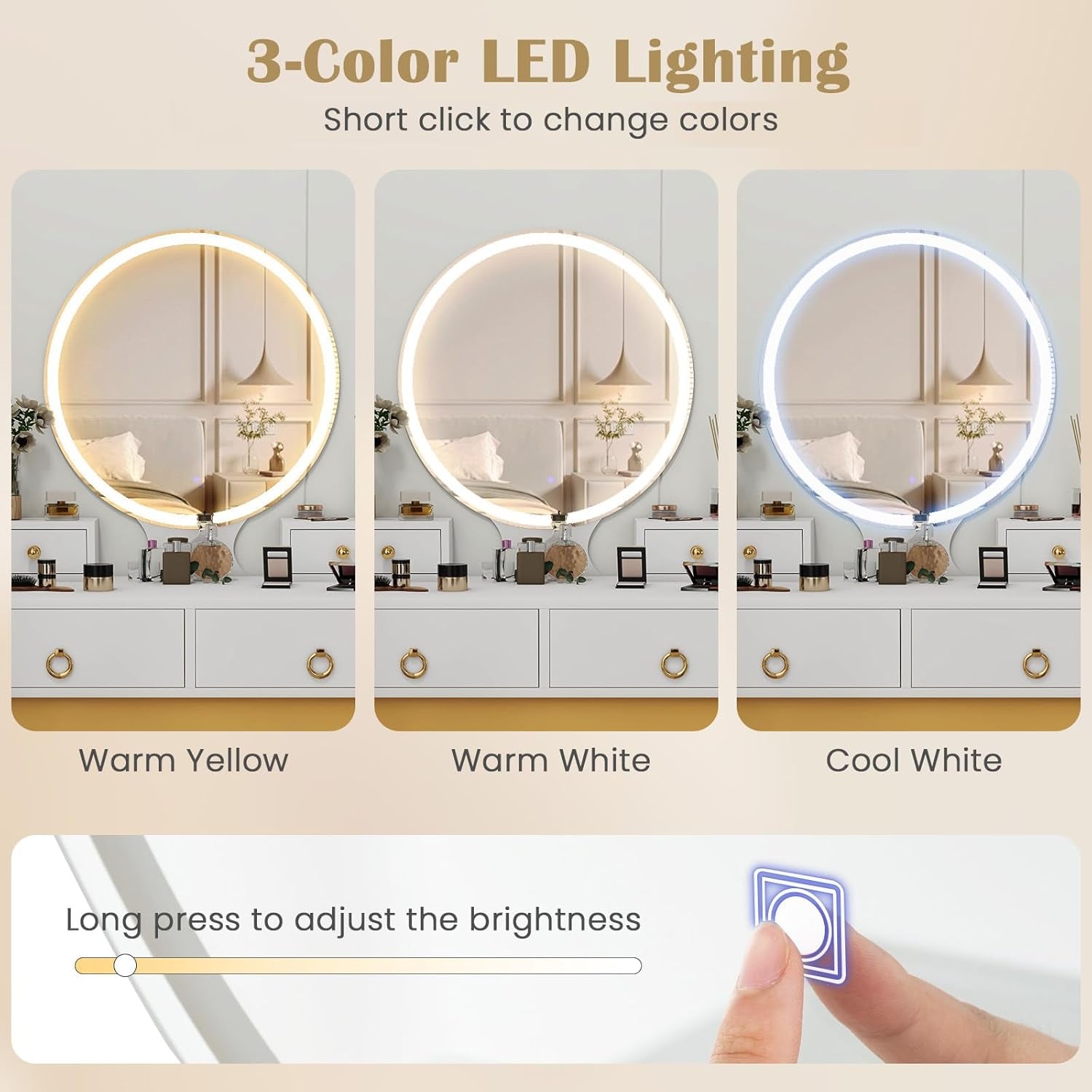 Vanity Set with Touch Screen Dimming Mirror, 3 Color Lighting Modes, Dressing Table with 4 Sliding Drawers, Modern Bedroom Makeup Table and Cushioned Stool Set for Women Girls (White)