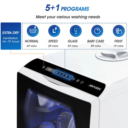 Portable Countertop Dishwasher with 5-Liter Built-In Water Tank and Air-Dry Function, 5 Washing Programs Mini Dishwasher, AE-TDQR03