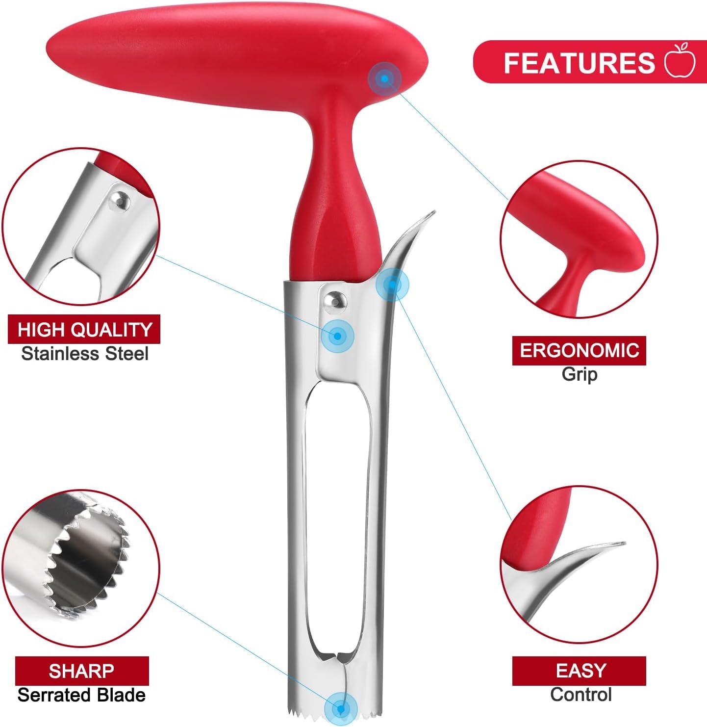 Premium Apple Corer Tool - Easy to Use and Clean Sturdy Core Remover with Sharp Serrature Stainless Steel Corers for Pear Fruits Ease(Red)