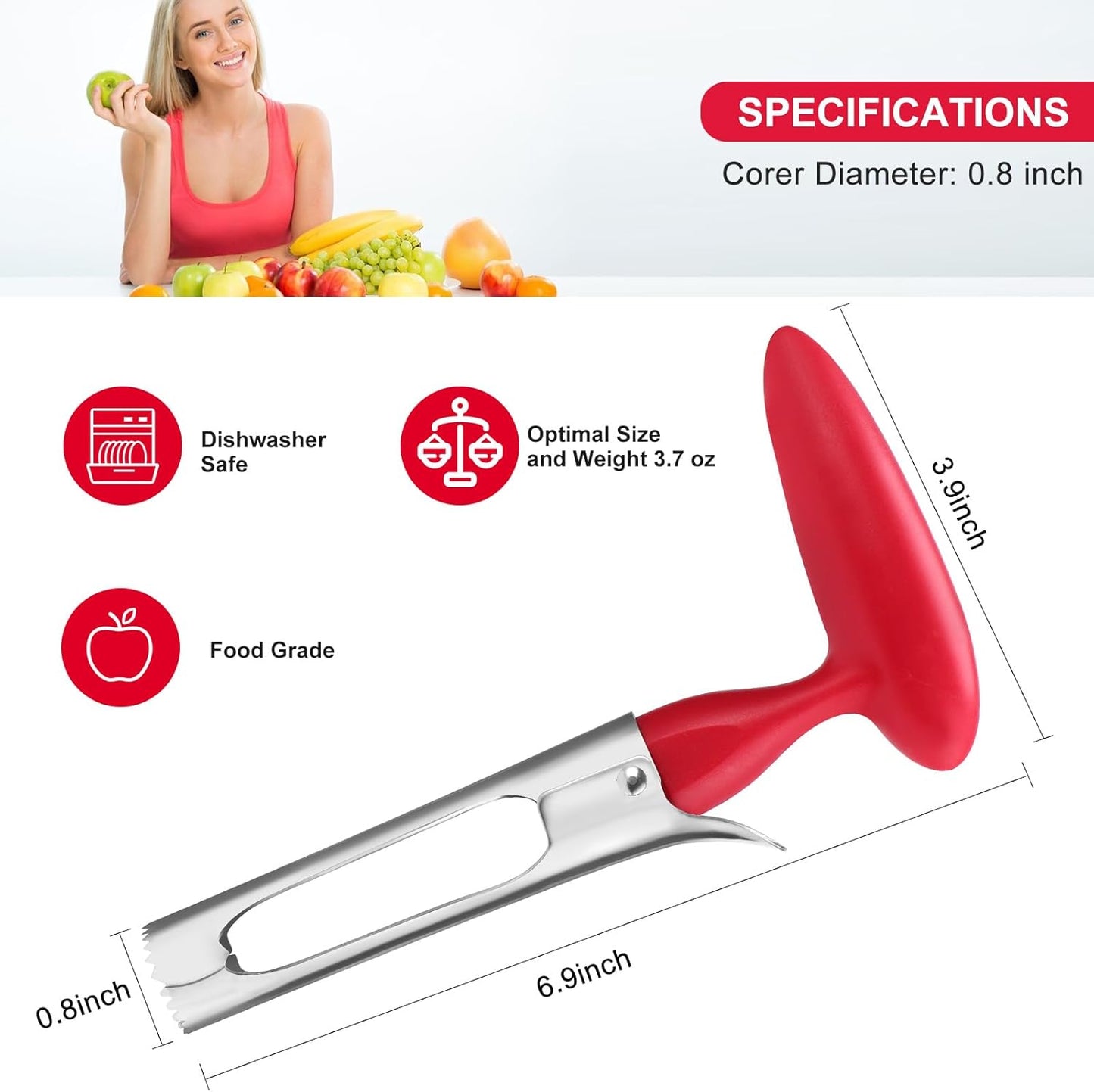 Premium Apple Corer Tool - Easy to Use and Clean Sturdy Core Remover with Sharp Serrature Stainless Steel Corers for Pear Fruits Ease(Red)