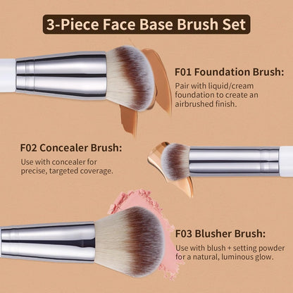 Makeup Brushes 3Pcs Foundation Contour Brush& Concealer Brush& Blusher Brush Face Kabuki Blush Bronzer Travel Buffing Stippling Contour Liquid Blending Makeup Brush Set White