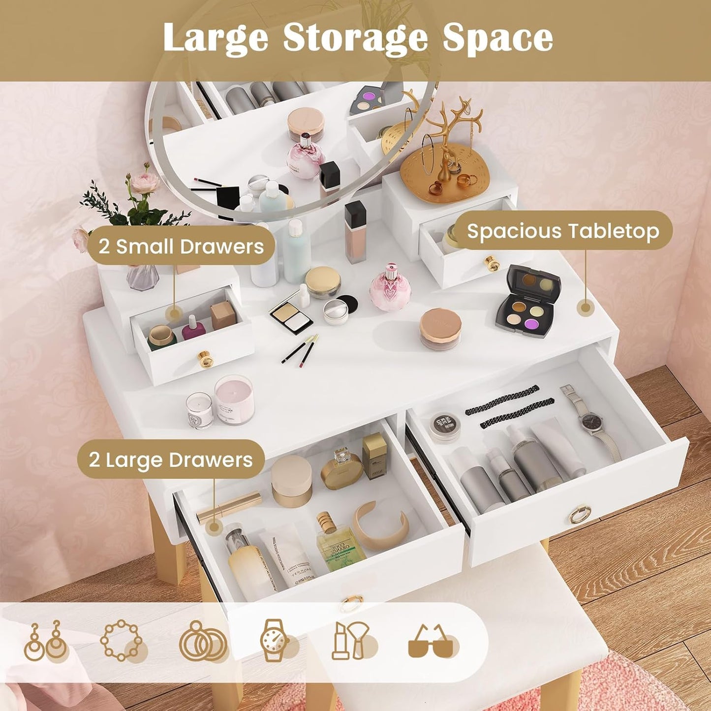 Vanity Set with Touch Screen Dimming Mirror, 3 Color Lighting Modes, Dressing Table with 4 Sliding Drawers, Modern Bedroom Makeup Table and Cushioned Stool Set for Women Girls (White)