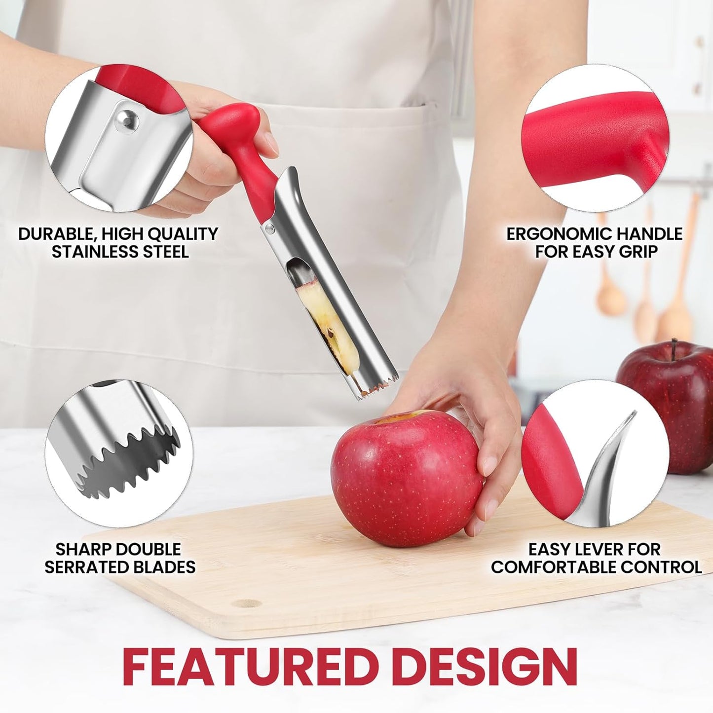 Premium Apple Corer Tool - Easy to Use and Clean Sturdy Core Remover with Sharp Serrature Stainless Steel Corers for Pear Fruits Ease(Red)
