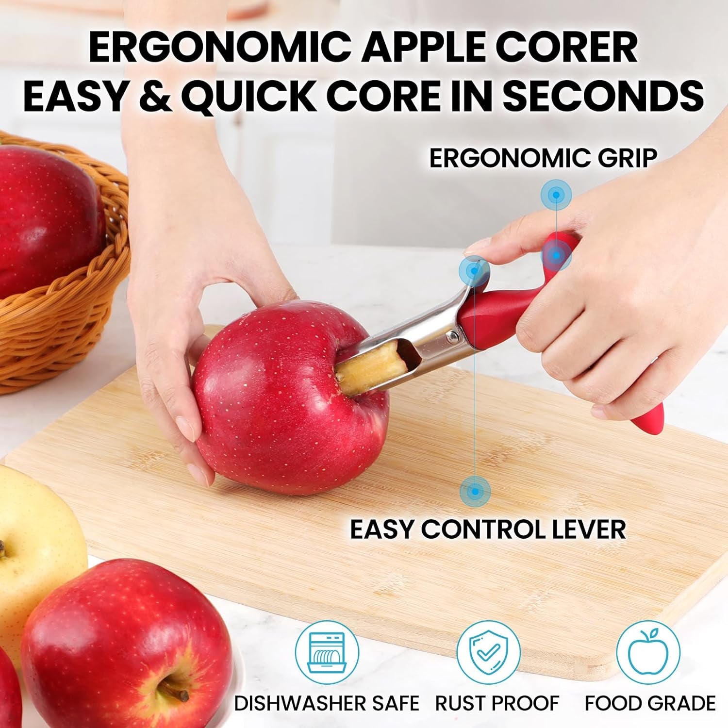 Premium Apple Corer Tool - Easy to Use and Clean Sturdy Core Remover with Sharp Serrature Stainless Steel Corers for Pear Fruits Ease(Red)